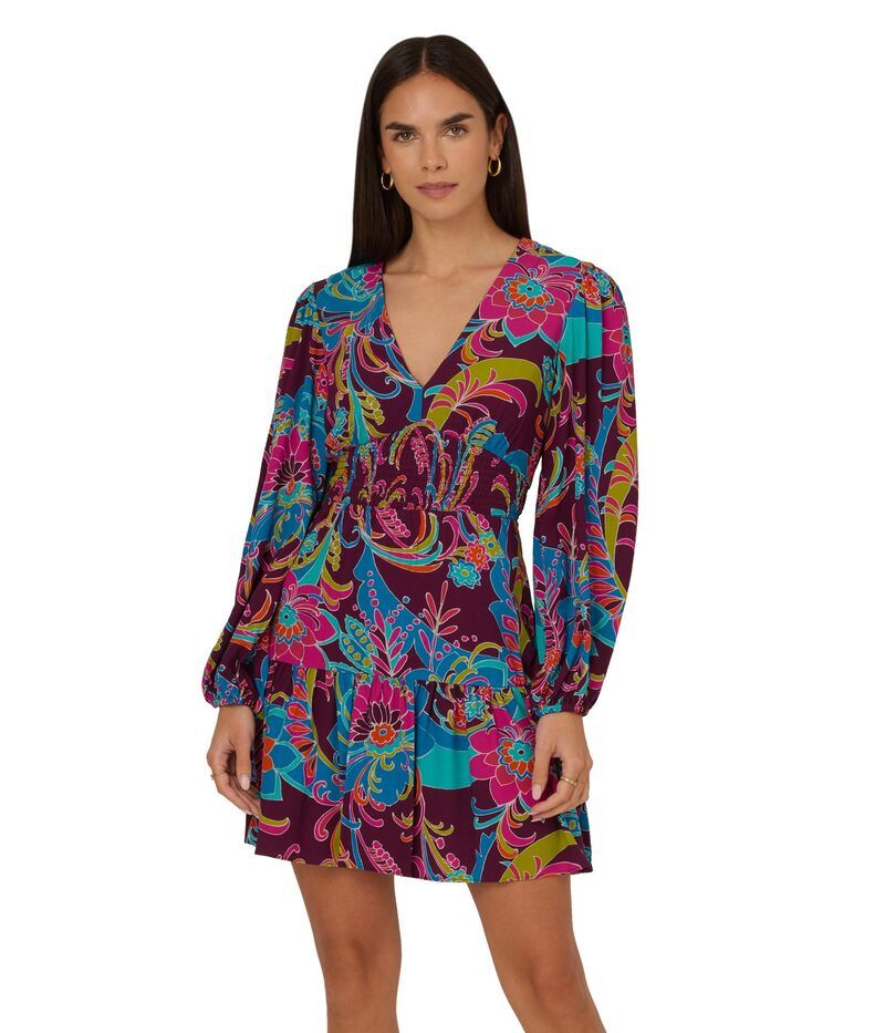 アドリアナ パペル レディース トップス ワンピース プリント Adrianna Papell Printed Flounce Short Dress Purple Multi パープル