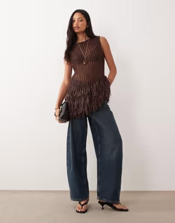 エイソス レディース トップス タンクトップ フリンジ ASOS DESIGN fringe hem open stitch aysmmetric tank in chocolate チョコレート