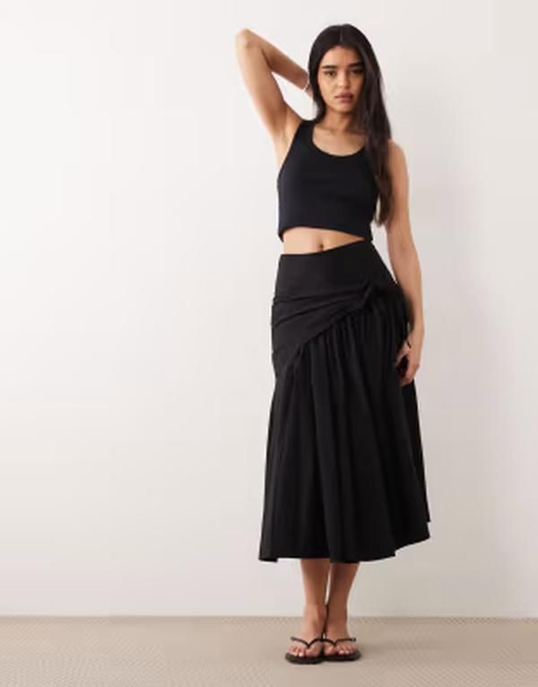 エイソス レディース ボトムスカート コットン マキシ ASOS DESIGN cotton tie waist circle maxi skirt Black ブラック