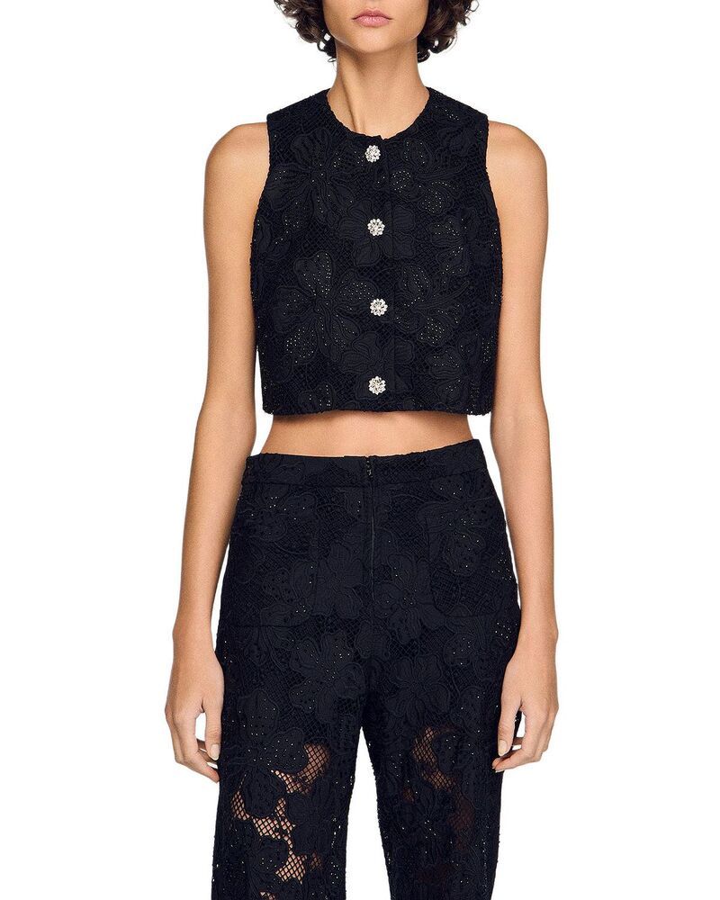 サンドロ レディース トップス シャツ 刺繍 レース Sandro Embroidered Guipure Lace Crop Top Black ブラック
