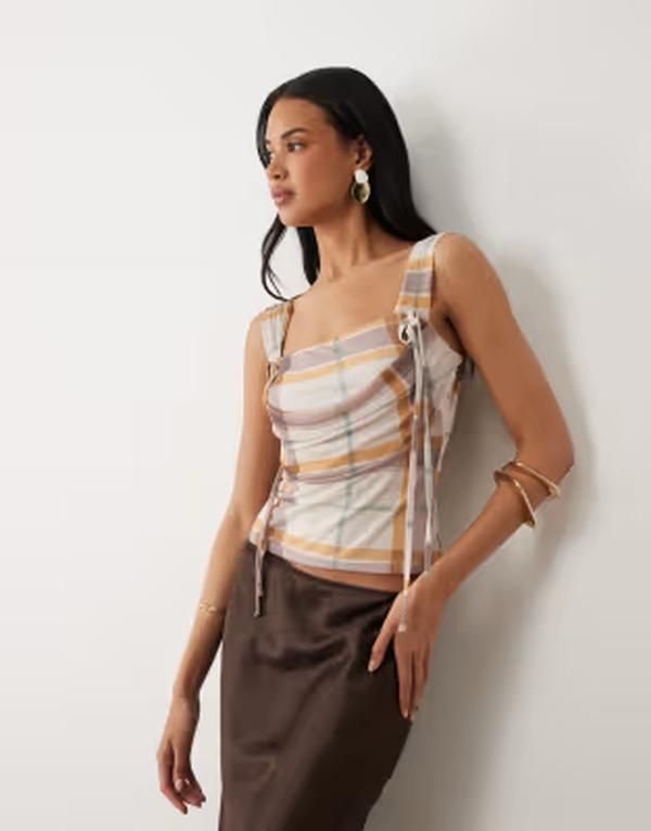 エイソス レディース トップス シャツ ドレープリント メッシュ ASOS DESIGN printed mesh draped square neck top in plaid print Chec