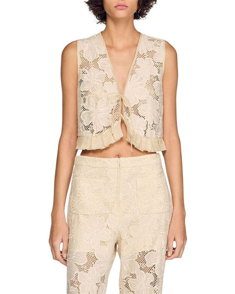 サンドロ レディース トップス シャツ フリル レース Sandro Guipure Lace Ruffle Crop Top Ecru エクリュ 46,080円