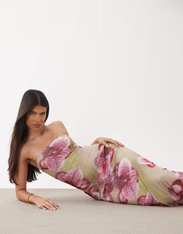 エイソス レディース トップス ワンピース フラワー柄 メッシュ シアー マキシ フラワー ASOS DESIGN sheer mesh bandeau maxi dress floral Green
