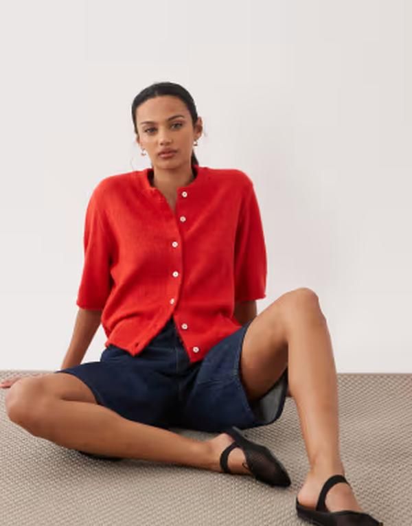 エイソス レディース アウター カーディガン ASOS DESIGN lightweight relaxed short sleeve cardigan RED レッド