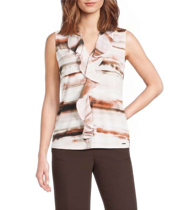 カルバンクライン レディース トップス シャツ Vネック フリル ノースリーブ ニット ジャージー Calvin Klein Knit Jersey VNeck Sleeveless Ruffle F