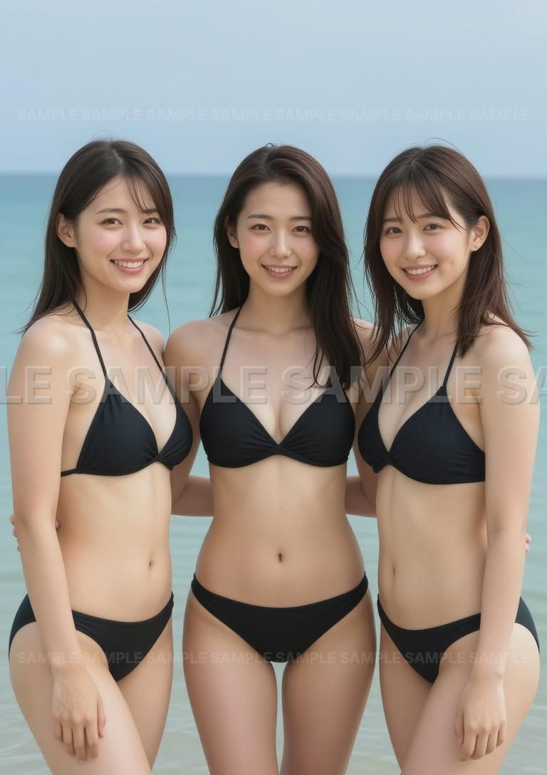 AIアート】【眩しい笑顔】黒ビキニ3人娘 海辺で輝く夏の思い出 写真集