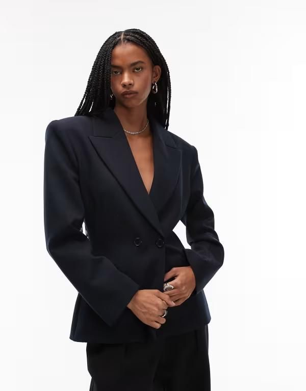 エイソス レディース アウター ジャケット・ブルゾン ブレザー ASOS DESIGN double breasted cinch blazer Navy ネイビー