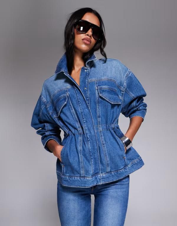 グッドアメリカン レディース アウター ジャケット・ブルゾン デニム ジャケット Good American barrel sleeve denim jacket in mid wash Indigo