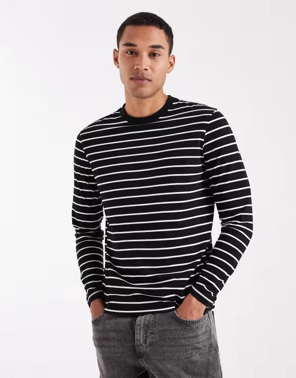 エイソス メンズ トップス Tシャツ ASOS DESIGN long sleeve tshirt and ecru stripes Black stripe ブラック