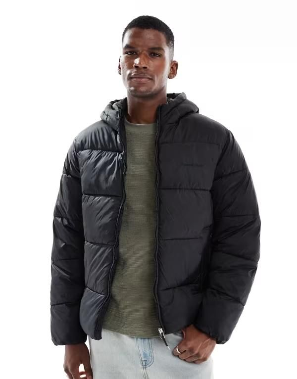 ジャック アンド ジョーンズ メンズ アウター ジャケット・ブルゾン ジャケット Jack Jones hooded puffer jacket with sheen Black ブラック