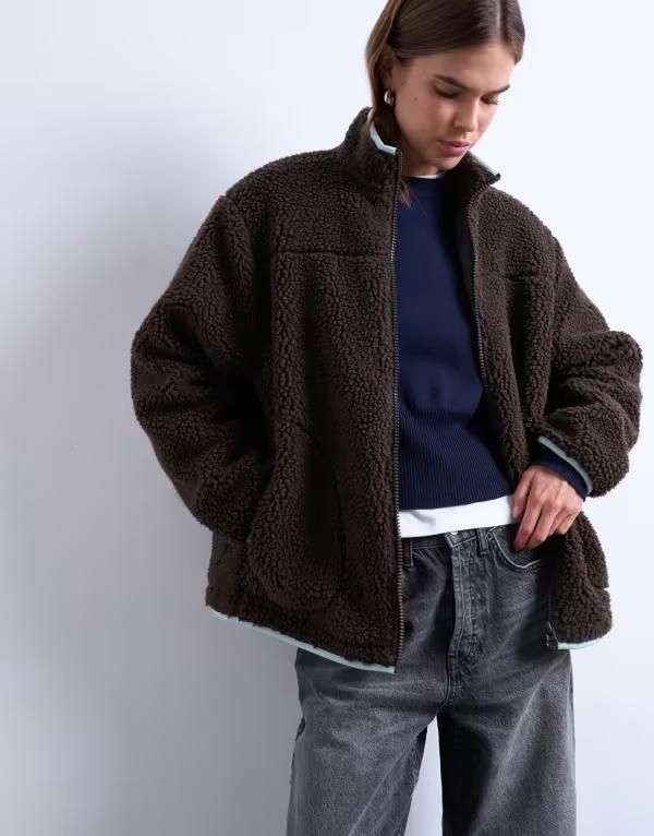 トップショップ レディース アウター ジャケット・ブルゾン コントラスト フリース ジャケット Topshop teddy fleece jacket with contrast piping BRO