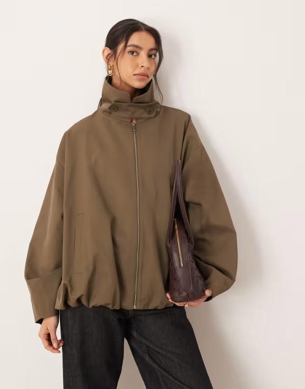 エイソス レディース アウター ジャケット・ブルゾン スタンドネック ASOS DESIGN bubble hem funnel neck trench jacket in olive オリーブ