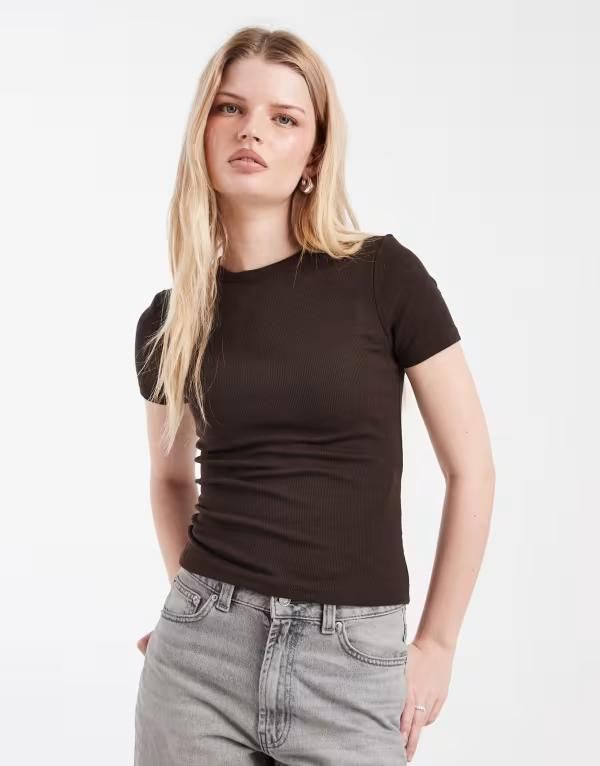 オンリー レディース トップス Tシャツ リブニット ONLY fitted rib knitop Black Coffee ブラック