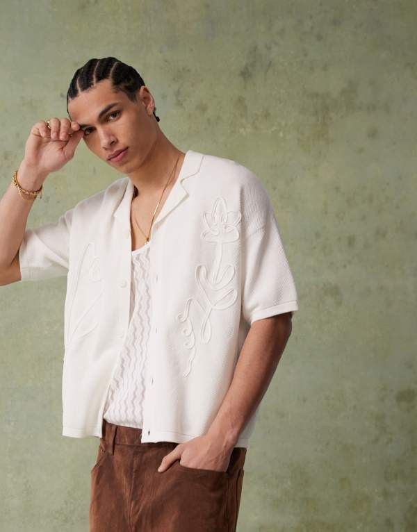 エイソス メンズ トップス ポロシャツ ボタンダウン フラワー柄 シャツ ダウン ニット フラワー ASOS DESIGN relaxed boxy fit knit button down polo