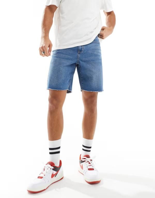 アダプト メンズ ボトムス ハーフパンツ・ショーツ ショートパンツ デニム ADPT wide fit cut off denim shorts in mid wash Blue Denim デニム