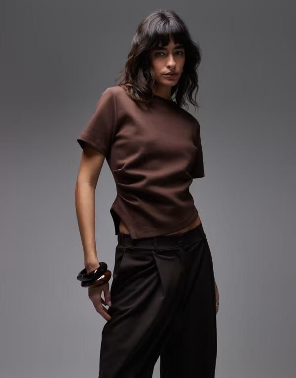 エイソス レディース トップス Tシャツ アシンメトリー ドレープ ASOS DESIGN asymmetric drape tee Brown ブラウン