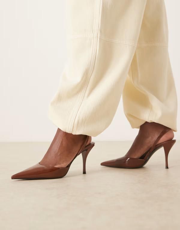 マンゴ レディース シューズ ヒール Mango slingback pointed heels in dark Dark brown ブラウン