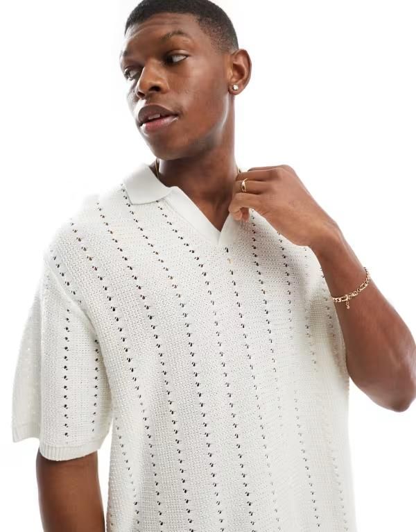 ジャック アンド ジョーンズ メンズ トップス ポロシャツ Jack Jones split neck polo in crochet Sea salt ホワイト