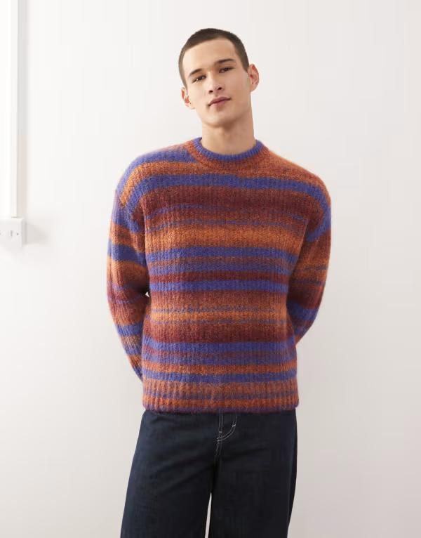 ウィークデイ メンズ アウター ニット・セーター Weekday spacedye knit sweater in orange stripe Orange multi stripe オレンジ