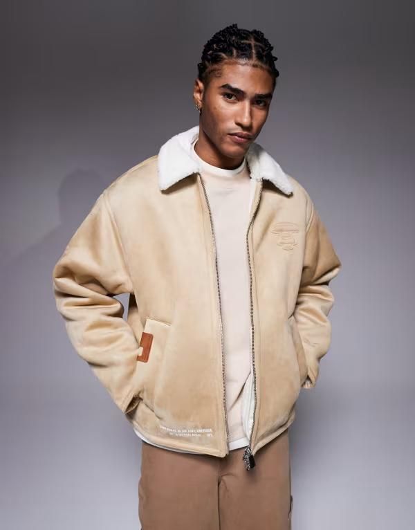 ベイシング エイプ メンズ アウター ジャケット・ブルゾン スエード Aape by A Bathing Ape faux suede chore jacket with faux fur linin