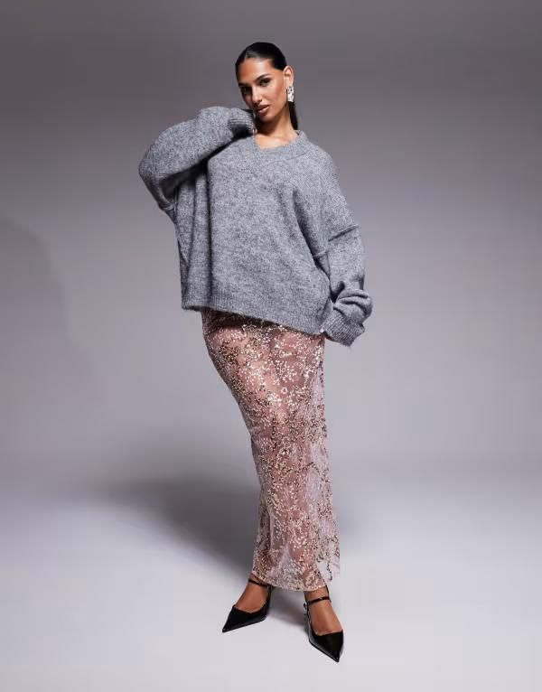 エイソス レディース ボトムスカート スパンコール レース マキシ ASOS DESIGN delicate lace scatter sequin maxi skirt pink ピンク