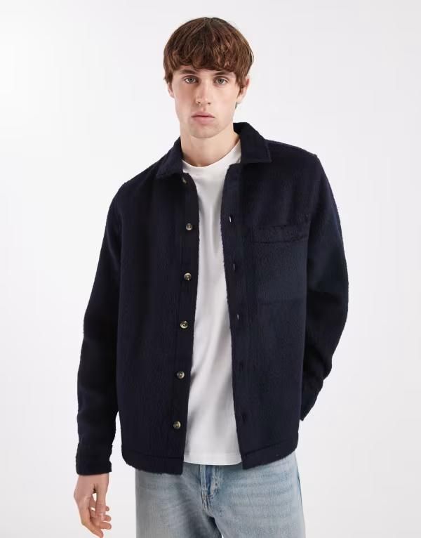 エイソス メンズ トップス シャツ ウール ASOS DESIGN brushed woolook overshirt NAVY ネイビー