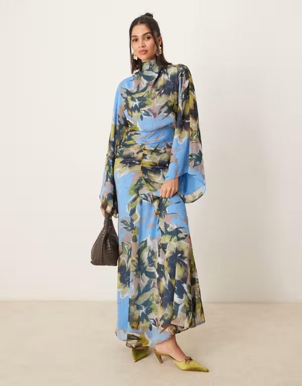 エイソス レディース トップス ワンピース フラワー柄 プリント ギャザー スカート マキシ フラワー ASOS DESIGN volume sleeve maxi dress with ruched