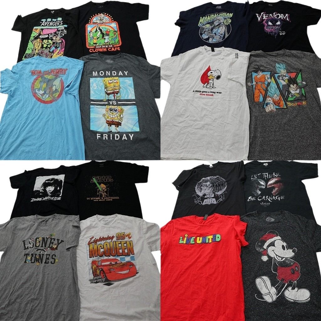 古着卸 まとめ売り キャラクター Tシャツ 16枚セット ( メンズ Ｌ ) ミッキーマウス カーズ ドラゴンボール 中古 古着 NF4641