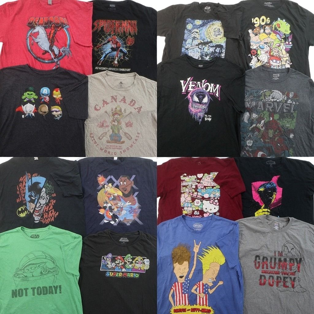 古着卸 まとめ売り キャラクター Tシャツ 16枚セット ( メンズ XL ) ハローキティ スーパーマリオ ヴェノム 中古 古着 NF4745