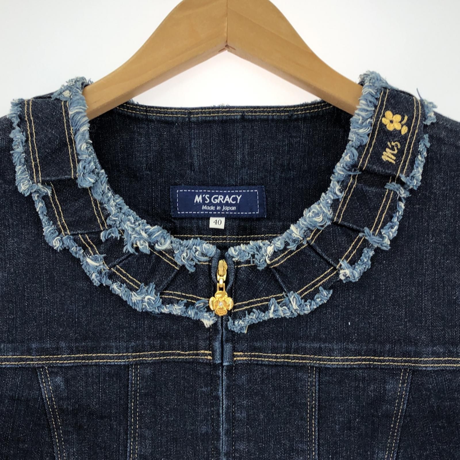 M'S GRACY エムズグレイシー デニム 刺繡ノーカラージャケット size40