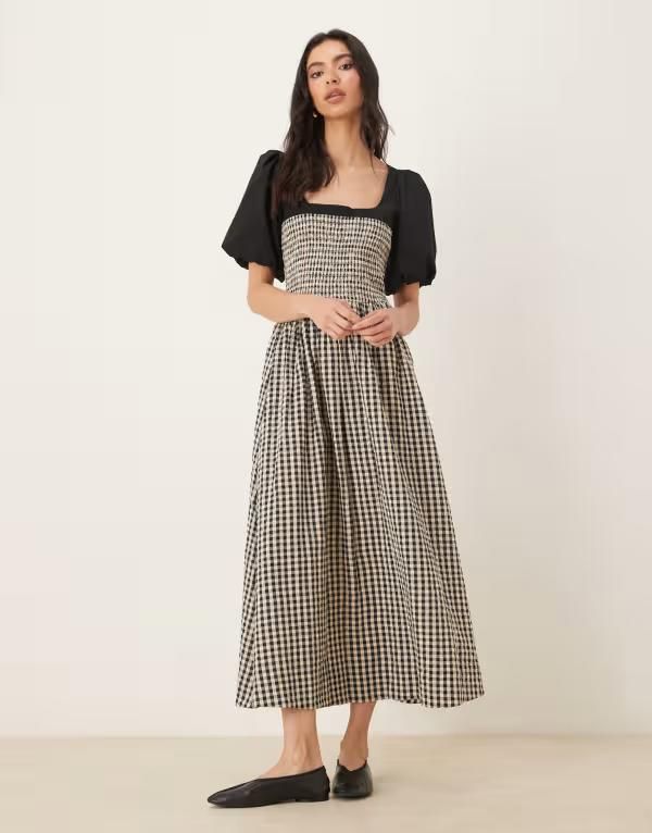エイソス レディース トップス ワンピース ギンガムチェック ギンガム ASOS DESIGN shirred bodice midaxi dress with puff sleeves and wh