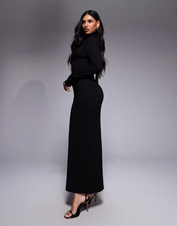 エイソス レディース トップス ワンピース リブ マキシ ASOS DESIGN ribbed long sleeve maxi dress with scarf detail Black ブラック