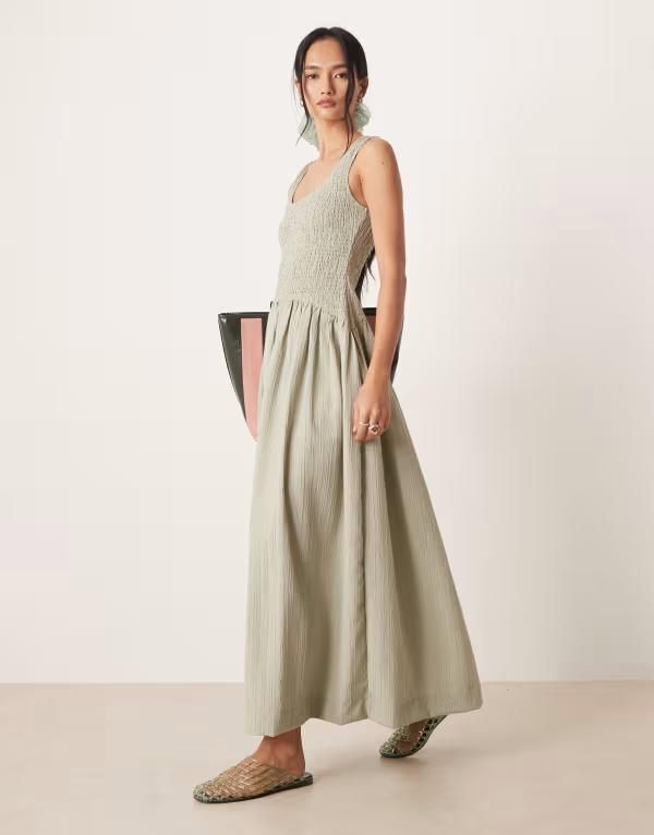 エイソス レディース トップス ワンピース マキシ ASOS DESIGN crinkle scoop neck maxi sundress with shirred waist in sage Du