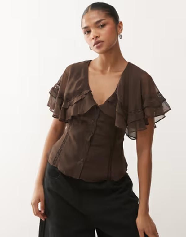 リクレイム ヴィンテージ レディース トップス シャツ ケープデザイン キャップ ケープ Reclaimed Vintage dressy top with cape collar Brown ブラウ