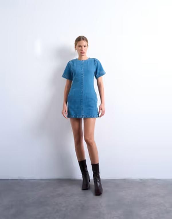 トップショップ レディース トップス ワンピース ミニ デニム Topshop denim short sleeved structured mini dress in mid BLUE ブルー