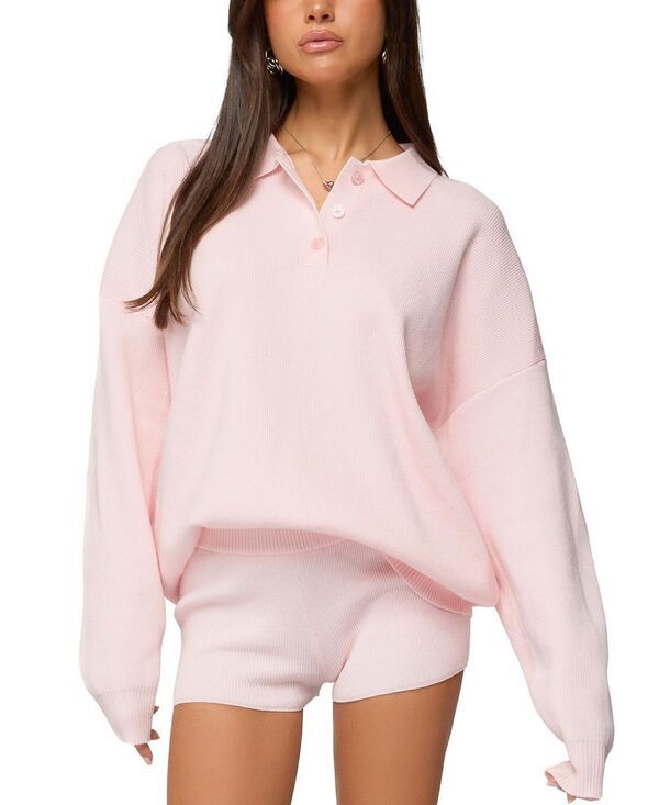 アディクテッド レディース アウター ニット・セーター ポロシャツ Edikted Lorie Oversized Knit Polo Sweater LightPink ピンク