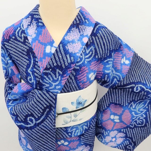 百華❀Y5179◇美品 有松鳴海絞り 朝顔 綿 手縫い仕立て 浴衣 夏着物
