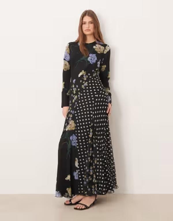 エイソス レディース トップス ワンピース フラワー柄 プリント マキシ フラワー ASOS DESIGN long sleeve racer neck maxi dress with godet h
