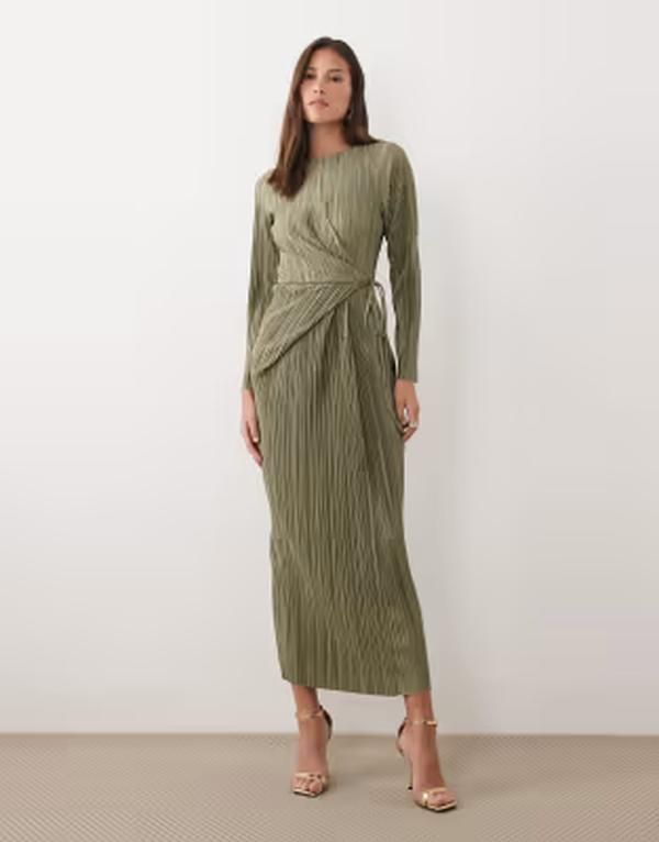 エイソス レディース トップス ワンピース マキシ ASOS DESIGN plisse long sleeve wrap tie waist maxi dress Khaki カーキ