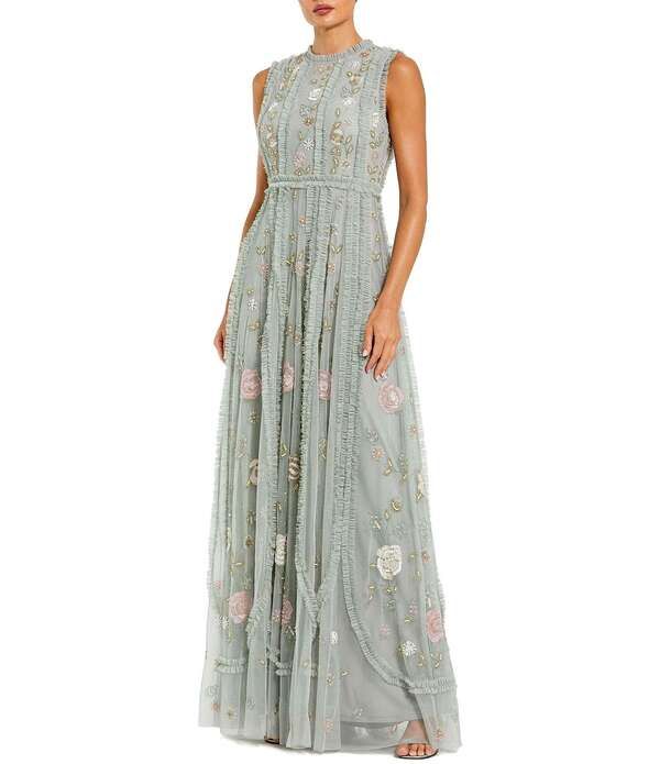 マックダガル レディース トップス ワンピース A ライン フラワー柄 プチ フリル メッシュ ノースリーブ フラワー Mac Duggal Petite Size Floral Mesh Sleev