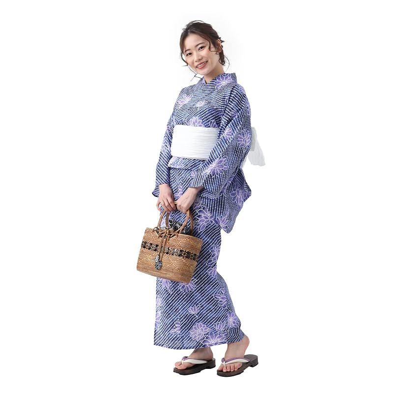 [たゆたふ] セパレート浴衣 3点 セット 帯 下駄 花柄 簡単 二部式 兵児帯 浴衣セット レディース かわいい おしゃれ 花火大会 夏祭り 小さいサイズ 大きいサイズ ネイビー系絞り風ひまわり柄 L