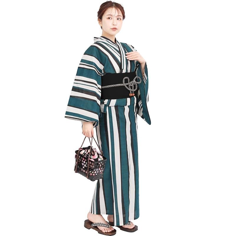 [Fuuka] 風香 浴衣 レディース 二部式 セパレート ワンタッチ 作り帯 2点 セット フリーサイズ 縞 青緑 (作り帯/日本製/黒)X50H0219