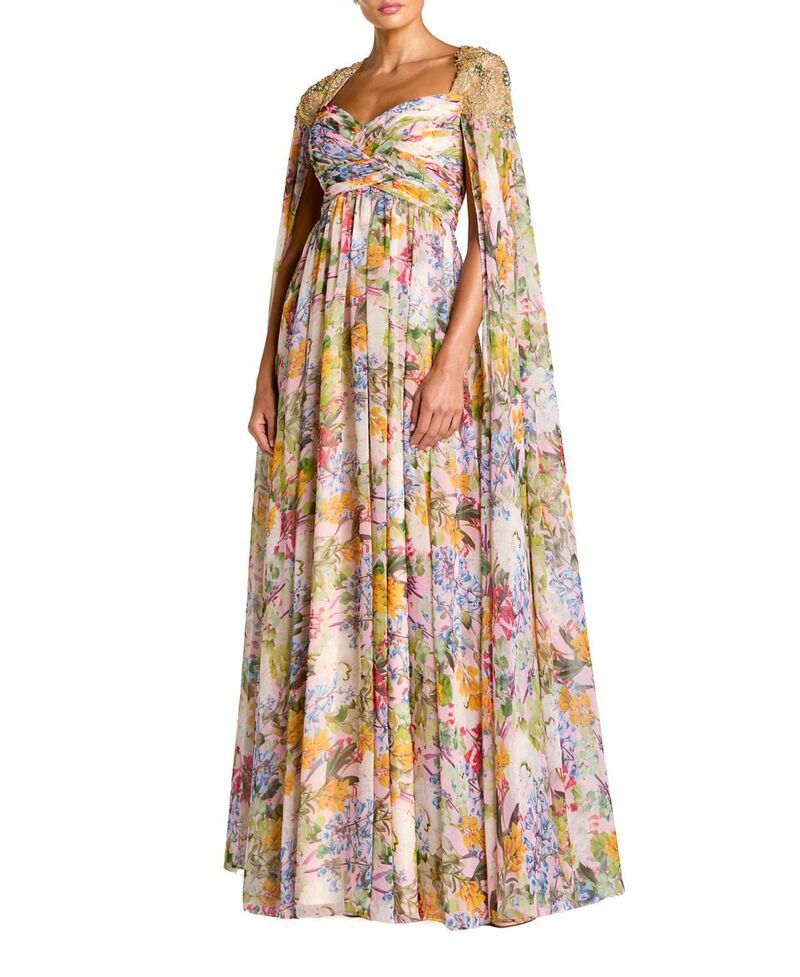 マックダガル レディース トップス ワンピース シフォン ケープデザイン プリント キャップ ケープ Mac Duggal Printed Chiffon Gown With Beaded Cape