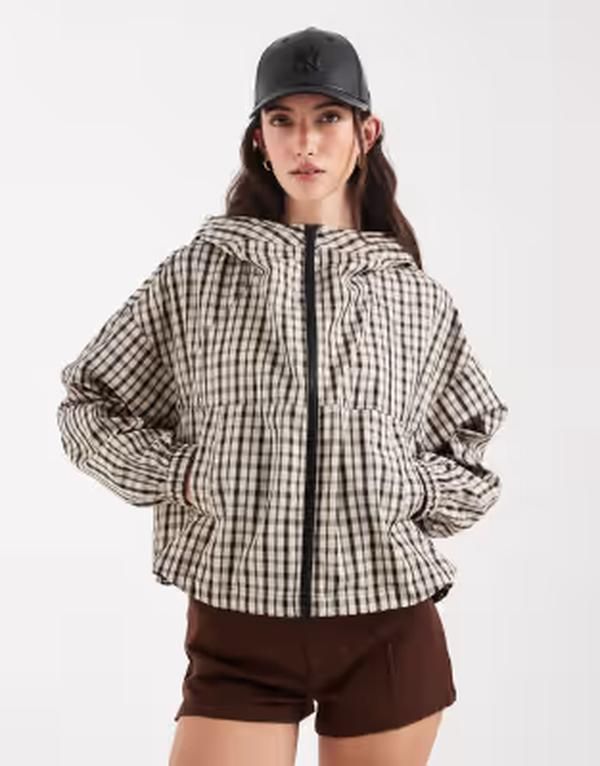 エイソス レディース アウター ジャケット・ブルゾン ASOS DESIGN hooded bubble hem bomber jacket plaid Brown check ブラウン