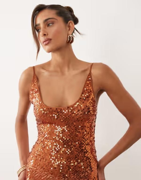 エイソス レディース トップス ワンピース ミニ スパンコール ASOS DESIGN scattered sequin embellished camini dress in orange オレンジ