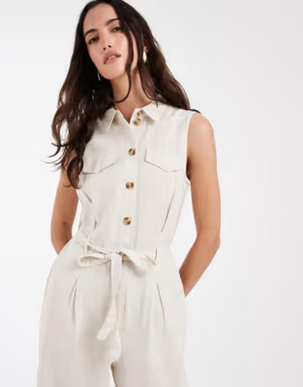 ヴェロモーダ レディース トップス ジャンプスーツ リネン Vero Moda linen blend utility style tie waist jumpsuit in cream Birch 24,272円