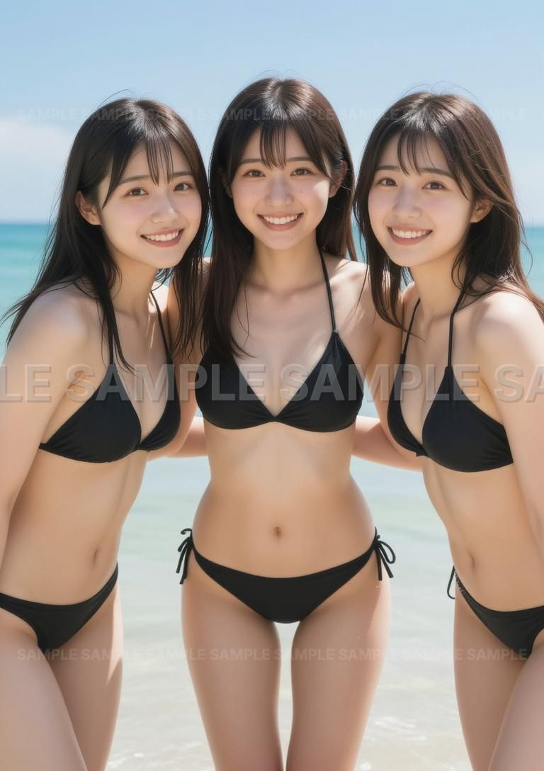 AIアート】【夏満喫！】黒ビキニで決める！海辺で輝く笑顔の3人組