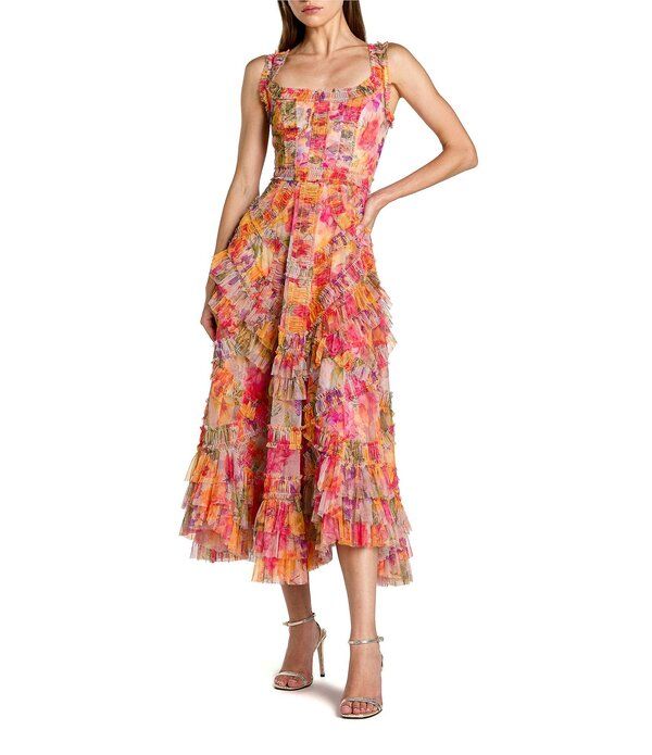 マックダガル レディース トップス ワンピース フリル メッシュ ミディ ノースリーブ Mac Duggal Scoop Neck Sleeveless Mesh Micro Ruffle Midi