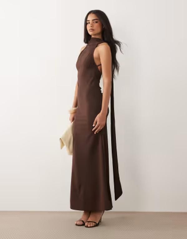 エイソス レディース トップス ワンピース マキシ ASOS DESIGN scarf detail maxi dress with plunge back in chocolate BROWN ブラ