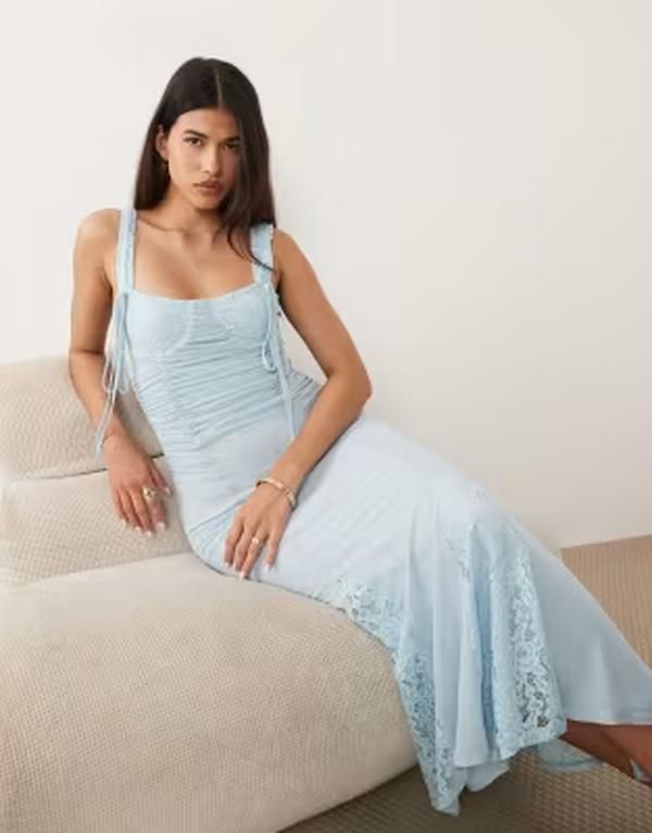 エイソス レディース トップス ワンピース レース ASOS DESIGN lace mix balconette pencil dress with godetails in baby BLUE ブ